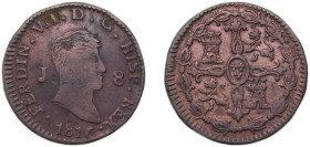 Spain Kingdom 1816 J 8 Maravedis - Fernando VII 1st portrait) Copper Jubia Mint 10g XF KM 461