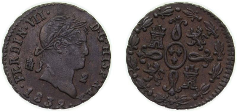 Spain Kingdom 1832 2 Maravedis - Fernando VII Copper Segovia Mint 1g AU KM 487.1