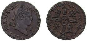 Spain Kingdom 1832 2 Maravedis - Fernando VII Copper Segovia Mint 1g AU KM 487.1