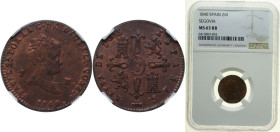 Spain Kingdom 1840 2 Maravedis - Isabel II Copper Segovia Mint 2.5g NGC MS 63 RB KM 532.4