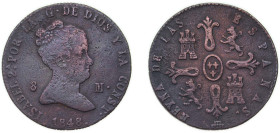 Spain Kingdom 1848 8 Maravedis - Isabel II Copper Segovia Mint 9.91g VF KM 531