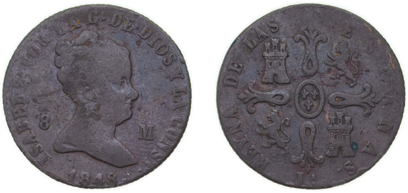 Spain Kingdom 1848 JA 8 Maravedis - Isabel II Copper Jubia Mint 10g VF KM 531