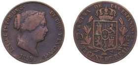 Spain Kingdom 1859 25 Centimos de Real - Isabel II Copper Segovia Mint 10g VF KM 615.2