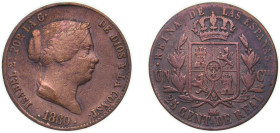 Spain Kingdom 1860 25 Centimos de Real - Isabel II Copper Segovia Mint 9.01g VF KM 615