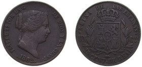 Spain Kingdom 1862 25 Centimos de Real - Isabel II Copper Segovia Mint 10g VF KM 615.2