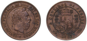 Spain Kingdom 1875 OT 5 Centimos - Carlos VII (pretender) Bronze (95% copper, 4% tin, 1% zinc) Oñate Mint (50000) 4.83g AU KM 669