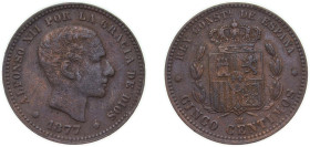 Spain Kingdom 1877 OM 5 Centimos - Alfonso XII Bronze (95% copper, 4% tin, 1% zinc) Barcelona Mint (34376000) 4.79g XF KM 674