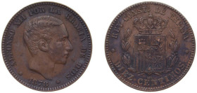 Spain Kingdom 1878 OM 10 Centimos - Alfonso XII Bronze (95% copper, 4% tin, 1% zinc) Barcelona Mint (68740000) 10g AU KM 675