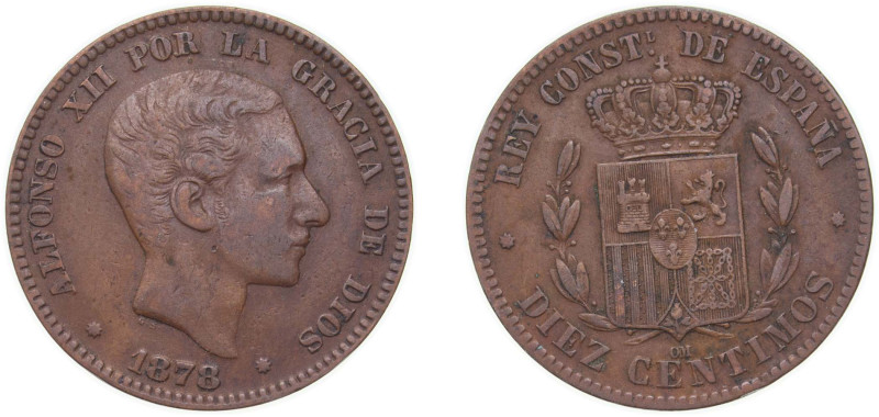 Spain Kingdom 1878 OM 10 Centimos - Alfonso XII Bronze (95% copper, 4% tin, 1% z...