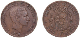 Spain Kingdom 1878 OM 10 Centimos - Alfonso XII Bronze (95% copper, 4% tin, 1% zinc) Barcelona Mint (68740000) 9.57g AU KM 675