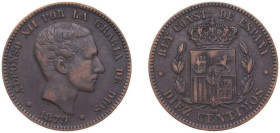 Spain Kingdom 1879 OM 10 Centimos - Alfonso XII Bronze (95% copper, 4% tin, 1% zinc) Barcelona Mint (56313000) 9.95g XF KM 675