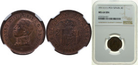Spain Kingdom 1911 *11 PCV 2 Centimos - Alfonso XIII (5th portrait) Bronze (95% copper, 4% tin, 1% zinc) Madrid Mint (2284000) 2g NGC MS 64 BN KM 732