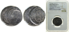 Spain Kingdom 1975 *80 5 Pesetas - Juan Carlos I Copper-nickel (75% copper, 25% nickel) Madrid Mint (322000000) 5.75g NGC MINT ERROR MS 63 Double Stru...