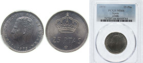 Spain Kingdom 1975 *80 25 Pesetas - Juan Carlos I, Mint Error Rotated about 180 Degrees Copper-nickel (75% copper, 25% nickel) Madrid Mint (136000000)...