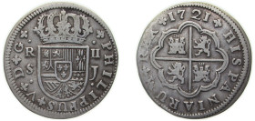 Spain Kingdom 1721 S J 2 Reales - Felipe V Silver (.833) Seville Mint 5.24g VF KM 307