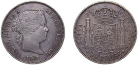 Spain Kingdom 1860 20 Reales - Isabel II Silver (.900) Madrid Mint (941000) 26g AU KM 609.2