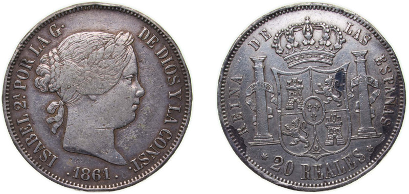 Spain Kingdom 1861 20 Reales - Isabel II Silver (.900) Madrid Mint (1352000) 25....