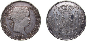 Spain Kingdom 1861 20 Reales - Isabel II Silver (.900) Madrid Mint (1352000) 25.78g VF Rim Damage KM 609.2