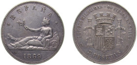 Spain Kingdom 1869 *18-69 SNM 5 Pesetas - Provisional Government, ¨Certified authentic by JESU VICO¨ Silver (.900) Madrid Mint (100) 24.9g AU KM 655 C...