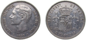 Spain Kingdom 1877 *18-77 DEM 5 Pesetas - Alfonso XII (2nd portrait) Silver (.900) Madrid Mint (6987000) 24.95g VF KM 676