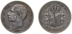 Spain Kingdom 1883 *18-83 MSM 1 Peseta - Alfonso XII (2nd portrait) Silver (.835) Madrid Mint (8445839) 4.9g VF KM 686