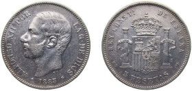 Spain Kingdom 1883 *18-83 MSM 5 Pesetas - Alfonso XII (3rd portrait) Silver (.900) Madrid Mint (5507459) 25g VF KM 688