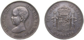 Spain Kingdom 1888 *18-88 MPM 5 Pesetas - Alfonso XIII (1st portrait) Silver (.900) Madrid Mint (10643900) 24.93g AU KM 689