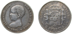 Spain Kingdom 1889 *1?-8? MPM 2 Pesetas - Alfonso XIII (1st portrait) Silver (.835) Madrid Mint (559000) 9.79g VF KM 692