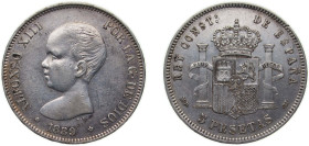 Spain Kingdom 1889 *18-89 MPM 5 Pesetas - Alfonso XIII (1st portrait) Silver (.900) Madrid Mint (4681328) 24.96g XF KM 689