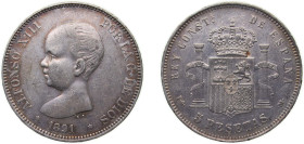 Spain Kingdom 1891 *18-91 PGM 5 Pesetas - Alfonso XIII (1st portrait) Silver (.900) Madrid Mint (11659556) 24.9g XF KM 689