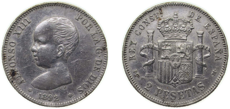 Spain Kingdom 1892 *18-92 PGM 2 Pesetas - Alfonso XIII (1st portrait) Silver (.8...
