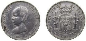 Spain Kingdom 1892 *18-92 PGM 2 Pesetas - Alfonso XIII (1st portrait) Silver (.835) Madrid Mint (1379000) 10g XF Cleaned KM 692