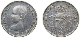 Spain Kingdom 1892 *18-92 PGM 50 Centimos - Alfonso XIII (1st portrait) Silver (.835) Madrid Mint (3953540) 2.5g UNC KM 690