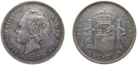 Spain Kingdom 1893 *18-93 PGL 5 Pesetas - Alfonso XIII (2nd portrait) Silver (.900) Madrid Mint (2500000) 24.94g XF KM 700