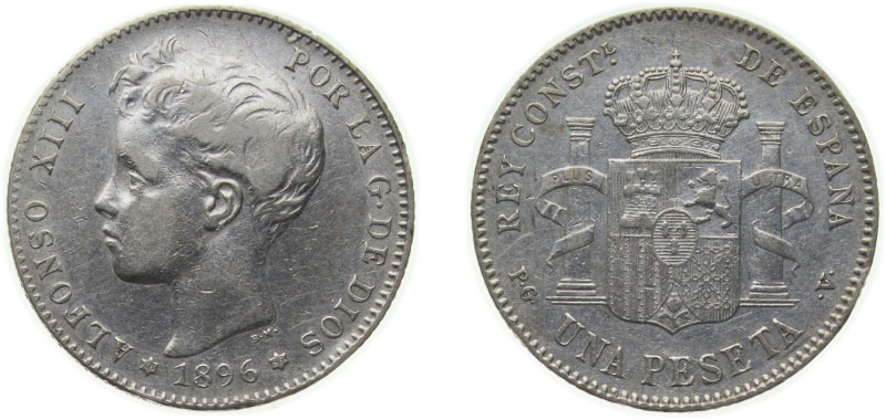 Spain Kingdom 1896 *18-96 PGV 1 Peseta - Alfonso XIII (3rd portrait) Silver (.83...