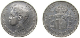 Spain Kingdom 1896 *18-96 PGV 1 Peseta - Alfonso XIII (3rd portrait) Silver (.835) Madrid Mint (6412000) 5g VF KM 706