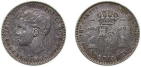 Spain Kingdom 1900 *19-00 SMV 1 Peseta - Alfonso XIII (3rd portrait) Silver (.835) Madrid Mint (18650000) 4.96g XF KM 706