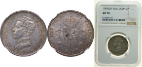 Spain Kingdom 1905 *19-05 SMV 2 Pesetas - Alfonso XIII (4th portrait) Silver (.835) Madrid Mint (3589000) 10g NGC AU 58 KM 725
