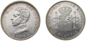 Spain Kingdom 1905 *19-05 SMV 2 Pesetas - Alfonso XIII (4th portrait) Silver (.835) Madrid Mint (3589000) 9.94g UNC KM 725