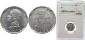 Spain Kingdom 1910 *1-0 PCV 50 Centimos - Alfonso XIII (5th portrait) Silver (.835) Madrid Mint (4526000) 2.5g NGC MS 64 KM 730