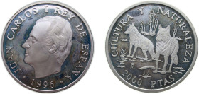 Spain Kingdom 1996 M 2000 Pesetas - Juan Carlos I (Wolves) Silver (.925) Madrid Mint (35000) 27g PF KM 966