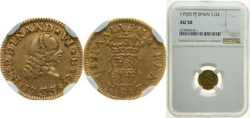 Spain Kingdom 1755 S PJ ½ Escudo - Fernando VI Gold (.917) Seville Mint 1.7g NGC AU 50 KM 374