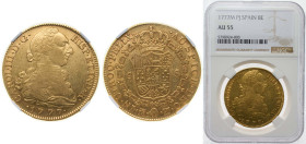 Spain Kingdom 1777 M PJ 8 Escudos - Carlos III Gold (.901) Madrid Mint 27g NGC AU 55 KM 409