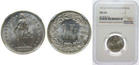 Switzerland Federal State 1916 B 1 Franc (Helvetia standing; silver) Silver (.835) (16.5% copper) Bern Mint (1000000) 5g NGC MS 64 HMZ 2 1204 Divo/Tob...
