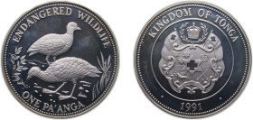 Tonga Kingdom 1991 1 Pa'anga - Taufa'ahau Toupou IV (Pritchard Megapode Birds) Silver (.925) (10000) 31.6g PF KM 143 Schön 146