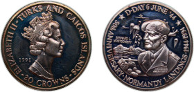 Turks and Caicos Islands British Overseas Territory 1994 20 Crowns - Elizabeth II (D-Day) Silver (.999) 32g PF KM 219