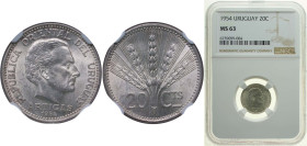 Uruguay Oriental Republic of Uruguay 1954 20 Centésimos Silver (.720) Utrecht Mint (10000000) 3g NGC MS 63 KM 36