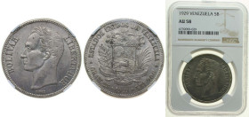 Venezuela United States 1929 5 Bolívares Silver (.900) (Copper .100) Philadelphia Mint (800000) 25g NGC AU 58 Y 24 KM 24