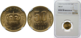 Yugoslavia Kingdom 1938 50 Para - Petar II Aluminium bronze (91 % Cu, 9 % Al) (100000000) 2.1g NGC MS 67 KM 18 A 14