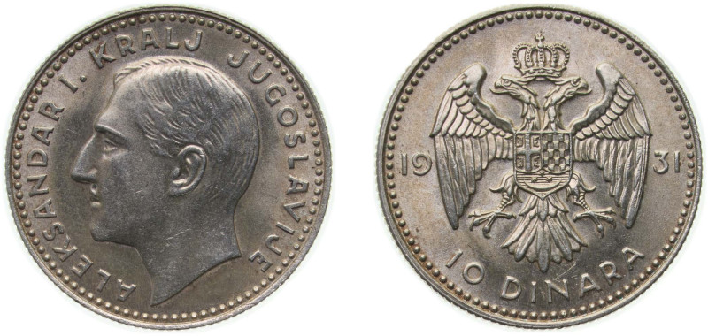 Yugoslavia Kingdom 1931 10 Dinara - Aleksandar I Silver (.500) Royal Mint (Tower...